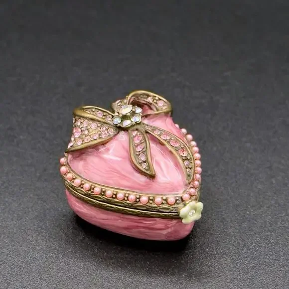 💖Luxury Pink Enamel Heart Trinket Box w/ Rhinestone Bow & Pearls Fabergé Style - Picture 7 of 8